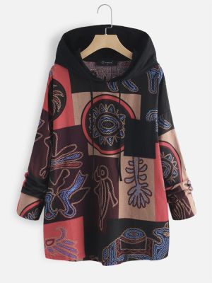 Vintage Printed Hooded Long Sleeve Plus Size Blouse