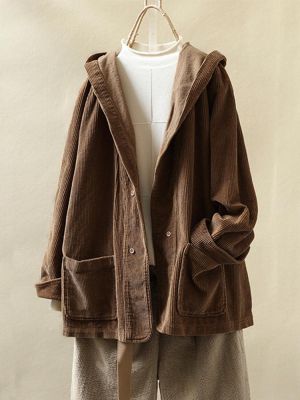 Vintage Corduroy Hooded Pockets Plus Size Jacket