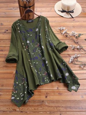 Plus Size Floral Print Patchwork Asymmetrical Cotton Blouse