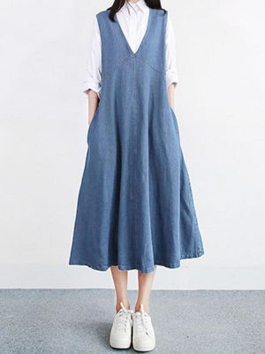 Women Vintage V-neck Sleeveless Pleated Denim Dress
