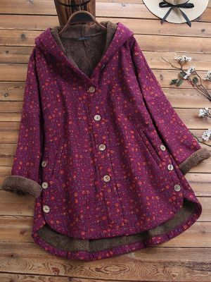 Women Vintage Floral Print 3/4 Sleeve High Low Button Down Side Pockets Coats