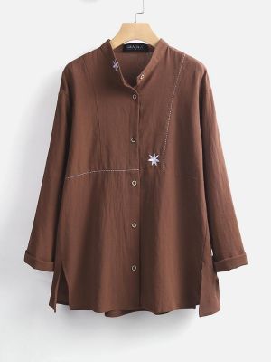 Women Flower Embroidered Splited Long Sleeve Vintage Blouse