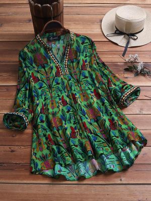 Vintage Ethnic Print V-neck Blouse