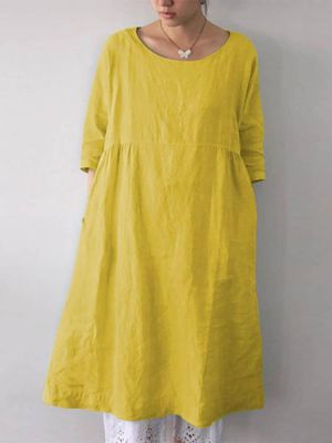 Retro Half Sleeve Solid Color Cotton Dress with Pockets