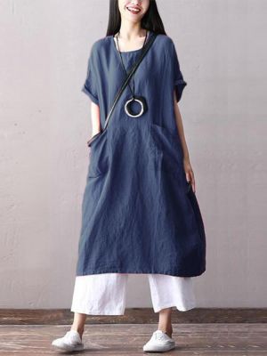 Plus Size Short Sleeve Solid Color Pockets Women Dress