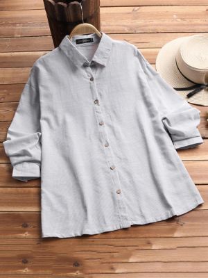 Plus Size Casual Long Sleeve Lapel Stripe Blouse Shirts For Women