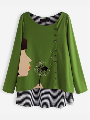 Casual Cartoon Print O-neck Stripe Long Sleeve Blouse For Women