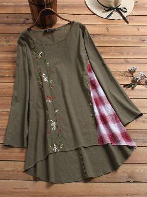 Women Plus Size Embroidery Floral Patchwork Button Blouse