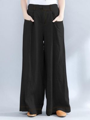 Women Casual Elastic Waist Loose Wide Leg Pants with Zipper