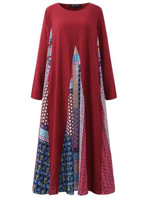 Vintage Women Printed Stitching Long Sleeve Dress