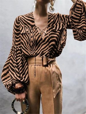 Women Striped Printed Long Sleeve Shirt Casual Loose Blouse