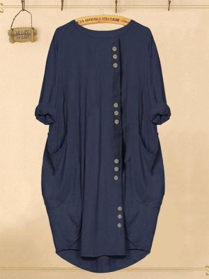Solid Color Button Irregular Casual Dress with Pockets