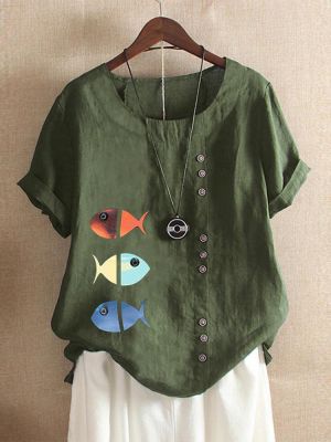 Fish Print Short Sleeve Button Plus Size Summer T-shirts
