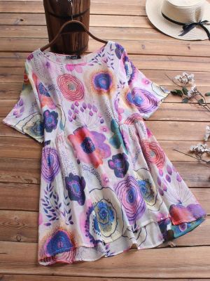 Summer Floral Print Short Sleeve Plus Size Blouse