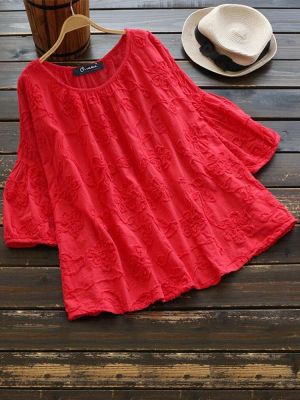 Embroidery Bubble Sleeve Crew Neck Plus Size Blouse