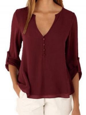 Casual Women Button Loose Solid V-Neck Blouse
