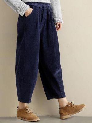 L-5XL Casual Women Corduroy Elastic Waist Radish Pants