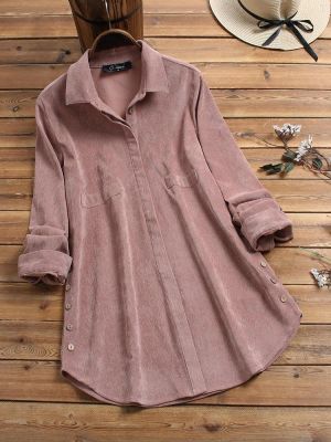 Corduroy Button Lapel Long Sleeve Vintage Plus Size Blouse