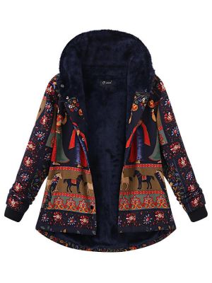 Plus Size Thick Warm Coats Casual Women Printing Hooded Coat
