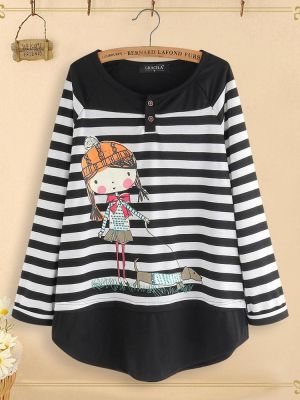 Women Casual Cartoon Print Stripe Patchwork Long Sleeve Blouse
