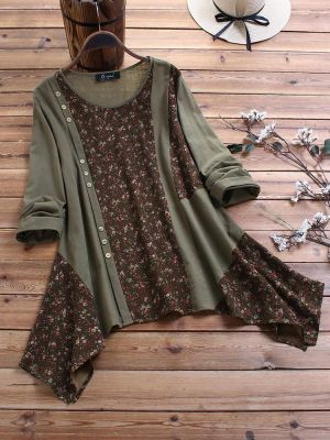 Asymmetrical Floral Print Patchwork Side Button Plus Size Blouse