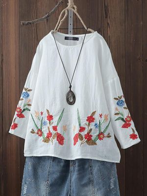 Women Cotton O-neck Floral Embroidery Vintage Blouse