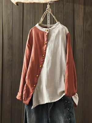 Side Button Crew Neck Two-tone Patch Vintage Blouse For Women