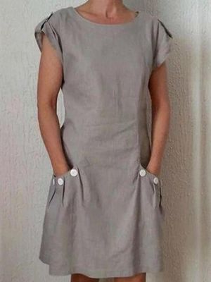 Women Solid Color Short Sleeve Pockets Buttoned-decor Linen Dress