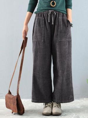 Plus Size Women Vintage Corduroy Trousers Muti-pockets Elastic Waist Wide Leg Pants
