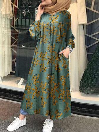 all in one place בגדי נשים Women Retro Floral Printed O-neck Button Down Kaftan Pocket Maxi Shirt Dress