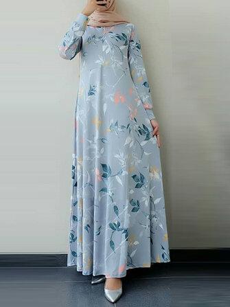 all in one place בגדי נשים Women Ethnic Floral Print O-Neck Bohemian Casual Long Sleeve Maxi Dress