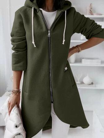all in one place בגדי נשים Women Solid Color Side Pocket Asymmertrical Hem Hoodie With Front Zipper