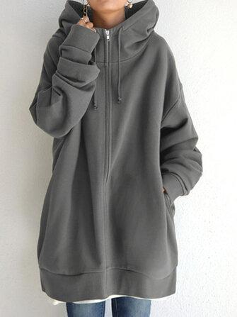 all in one place בגדי נשים Women Hooded Fleece Long Loose Cap Rope Casual Sweatshirt with Side Pockets