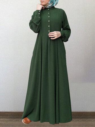 all in one place בגדי נשים Women Cotton Solid Retro Mandarin Collar Puff Sleeve Button Up Long Sleeve Maxi Dress