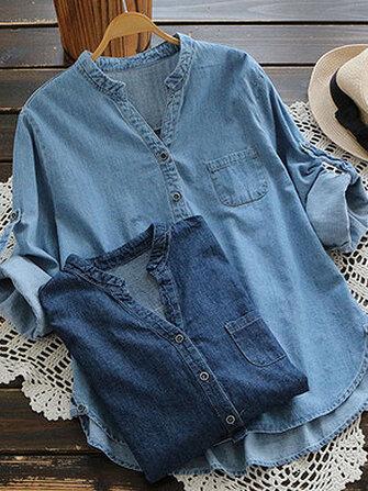 all in one place בגדי נשים Women Casual Buttons Adjustable Sleeve Denim Blouse