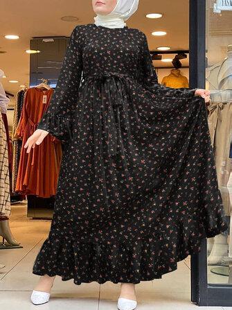 all in one place בגדי נשים Women Ditsy Floral Print Ruffle Hem Swing Kaftan Maxi Dresses With Belt