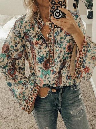 all in one place בגדי נשים Ethnic Floral Print V Neck Long Sleeved Bohemian Shirts For Women
