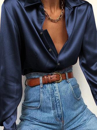 all in one place בגדי נשים Women Basic Satin Button Lapel Comfy Loose Casual Long Sleeve Shirts