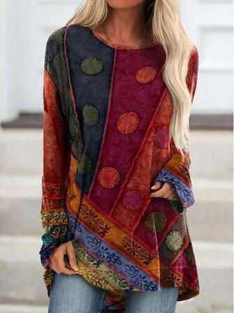 all in one place בגדי נשים Women Vintage Ethnic Print Drop Shoulder O-Neck Long Sleeve Casual Blouse