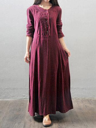 all in one place בגדי נשים Women Long Sleeve Solid Color Embroidery Pattern Vintage Ankle Length Midi Dresses