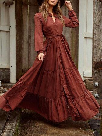 all in one place בגדי נשים Vintage Puff Sleeve Button Stand Collar Long Sleeve Belted Pleated Maxi Dress For Women
