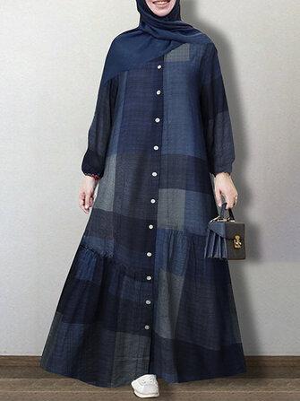 all in one place בגדי נשים Women Grid Printed Button Down Front Elastic Cuff Bohemian O-Neck Maxi Shirt Dress