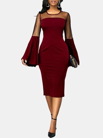 all in one place בגדי נשים Women Solid Color Stitching Bell Sleeve Party Bodycon Midi Dress