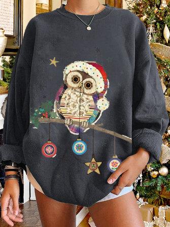 all in one place בגדי נשים Women Christmas Birds Cartoon Print Drop Shoulder Long Sleeve Casual Pullover Sweatshirt