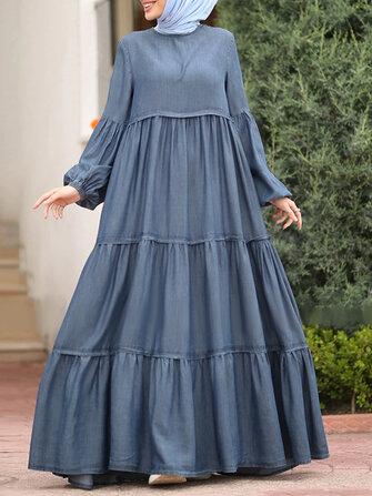 all in one place בגדי נשים Women Layered Pleats Solid Color Puff Casual Long Sleeve Bohemian Maxi Dress