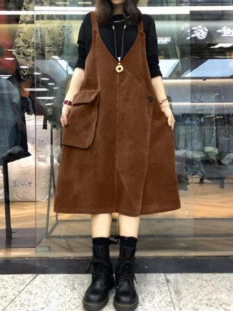 all in one place בגדי נשים Women Corduroy V-Neck Sleeveless Solid Retro Casual Pockets Dress
