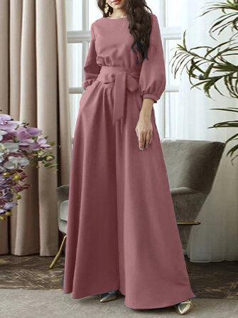 all in one place בגדי נשים Solid Color Belted O-neck Lace Up Side Pocket 3/4 Sleeve Vintage Maxi Dress