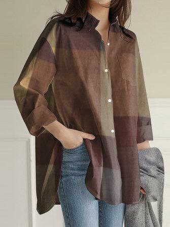 all in one place בגדי נשים Women Loose Casual Lapel Collar Long Sleeve Plaid Button Irregular Hem Shirts