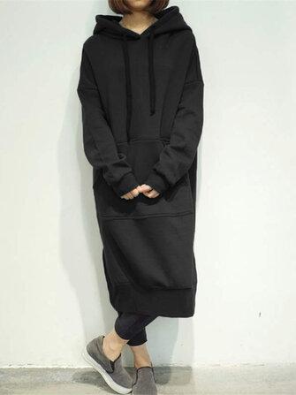 all in one place בגדי נשים Casual Women Solid Color Long Sleeve Split Hem Pocket Hoodie Dress