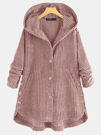 all in one place בגדי נשים Women Corduroy Solid Color Side Button Coats Long Sleeve Hooded Jacket With Pocket